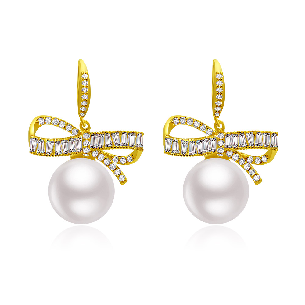 CZ Ribbon 12MM Pearl Earrings